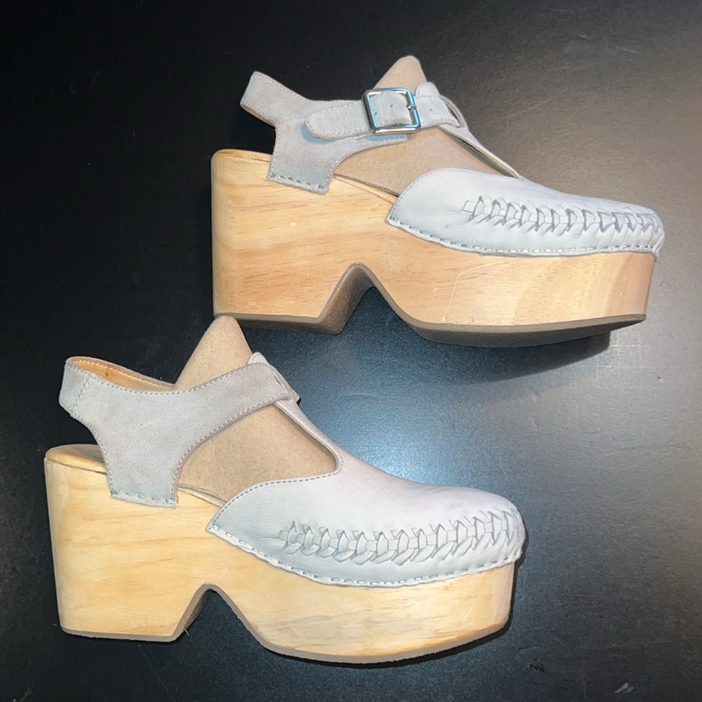 Free People leather huarache-detail wood-grain 4” platform “Emmer” clogs-NWOT - Picture 2 of 15